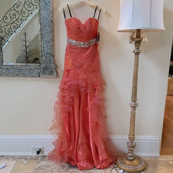 chinese dress ladies Gorgeous Long Orange Mermaid Long Sleeve Lace Prom Dress with Slit main image 1
